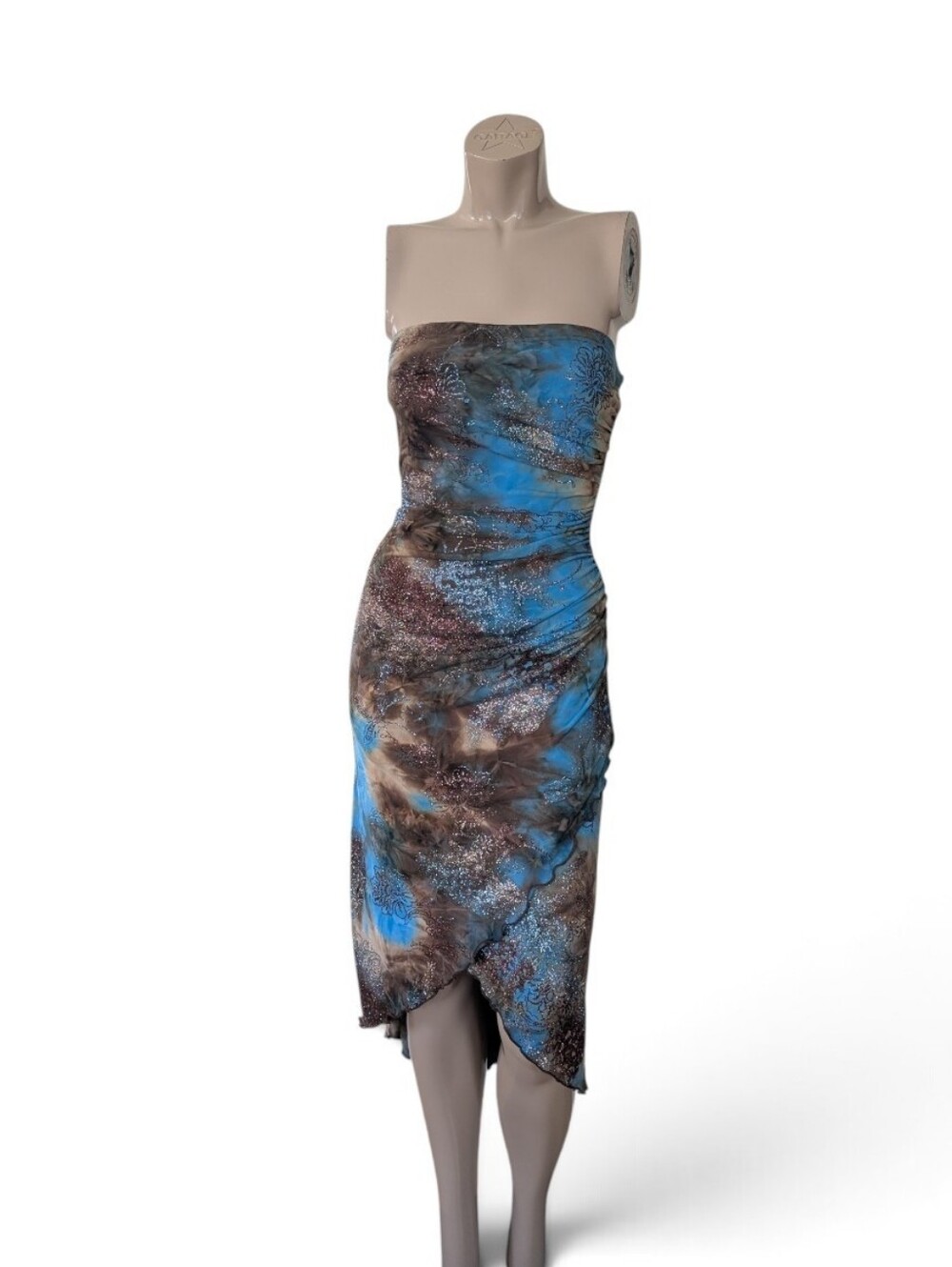 90-00s Algo Strapless Blue & Brown Ruched Midi Dress